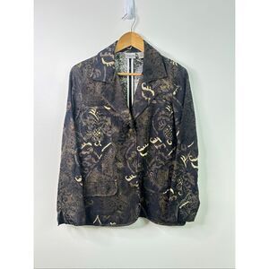 Vintage Chico’s Silk Blend Tapestry Blazer Jacket Size 2 Brown Black Boho Artsy